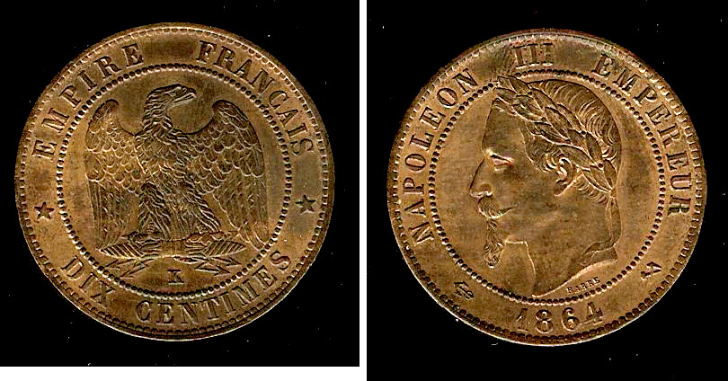 Dix centimes Napoléon III, tête laurée 1864 Bordeaux SPL+